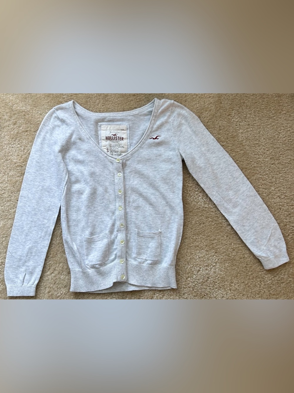 Junior Y2K VTG Hollister Lt Gray Lightweight V-Neck Cardigan Sweater Small Retro